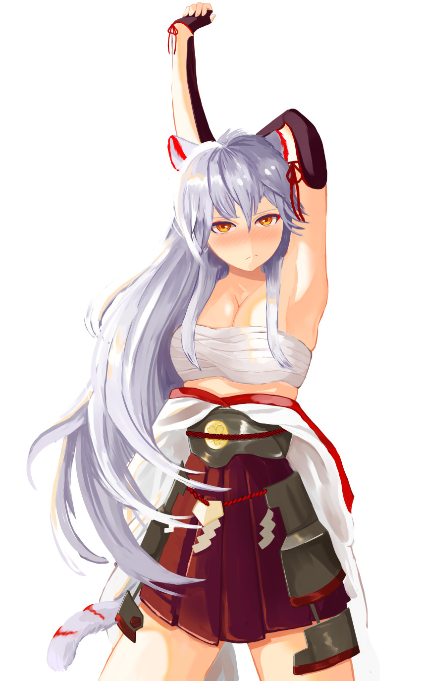 1girl absurdres animal_ears armpits artist_request azur_lane blush breasts cleavage female_focus highres hyuuga_(azur_lane) long_hair looking_at_viewer medium_breasts sarashi simple_background skirt solo tail white_hair