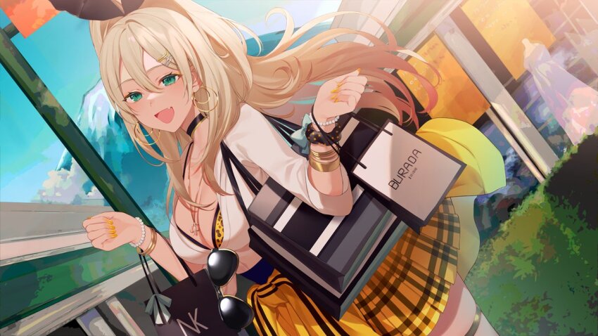 1girl achiki animal_print bag bead_bracelet beads black_choker blonde_hair bra bracelet breasts checkered_clothes checkered_skirt choker cleavage clothes_around_waist cowboy_shot dutch_angle earrings fang goddess_of_victory:_nikke gold_nails green_eyes gyaru hair_ornament hairclip headgear hoop_earrings jacket jacket_around_waist jewelry large_breasts leopard_print long_hair mountain nail_polish necklace onee_gyaru outdoors ponytail rupee_(nikke) scrunchie shirt shopping_bag skirt solo sunglasses thigh_strap unbuttoned underwear white_shirt wrist_scrunchie yellow_jacket yellow_skirt