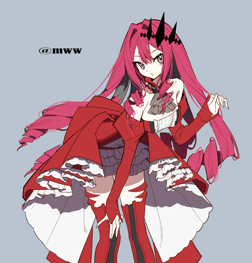 1girl absurdres baobhan_sith_(fate) baobhan_sith_(first_ascension)_(fate) bare_shoulders boots breasts detached_sleeves dress fate/grand_order fate_(series) frilled_dress frills grey_background grey_eyes hair_ornament hand_up highres leaning_forward long_hair pink_hair red_dress sidelocks solo thigh_boots user_tfax3445