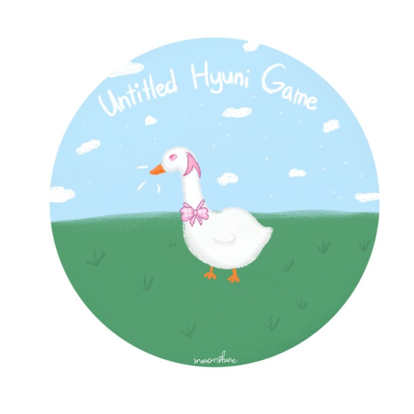 artist_request bird goose grass hyuni_(character) indie_virtual_youtuber neck_ribbon on_grass original pink_eyes pink_hair ribbon untitled_goose_game white_hair wings