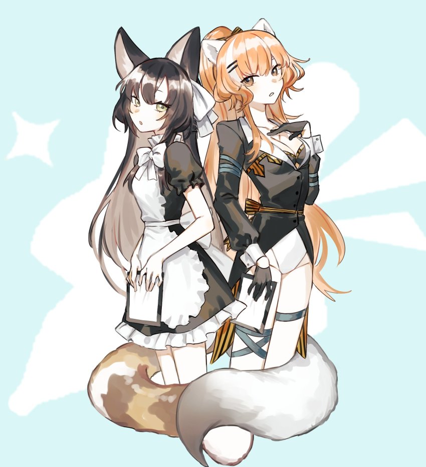 2girls animal_ears anya_pandaria apron atelier_live back-to-back black_dress black_gloves black_jacket blue_background bow bowtie bra breasts brown_eyes cleavage clipboard colored_inner_hair commentary dress english_commentary fox_ears fox_tail gloves green_green grey_bra grey_hair hair_ornament hairclip half_gloves hand_up highres holding holding_clipboard jacket leotard long_hair looking_at_viewer maid medium_breasts multicolored_hair multiple_girls orange_hair parted_lips ponytail puffy_short_sleeves puffy_sleeves red_panda_ears red_panda_tail short_sleeves standing tail tsu_(lovesick1964) underwear very_long_hair virtual_youtuber white_apron white_bow white_leotard white_neckwear wrist_cuffs