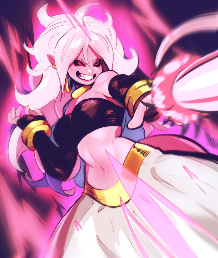 1girl android_21 bandeau black_sclera breasts colored_sclera colored_skin detached_sleeves dragon_ball dragon_ball_fighterz earrings energy_blast evil_grin evil_smile eymbee female_focus grin harem_pants highres hoop_earrings jewelry long_hair majin_android_21 medium_breasts motion_blur navel pants pink_hair pink_skin pointy_ears red_eyes smile solo teeth
