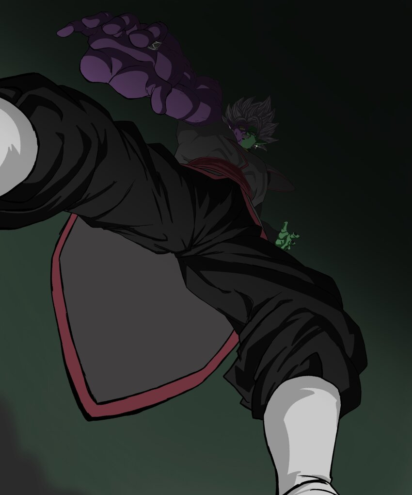1boy absurdres baggy_pants black_bodysuit black_pants bodysuit boots colored_skin dragon_ball dragon_ball_super earrings from_below fused_zamasu green_skin heterochromia highres jewelry kazumax76 long_sleeves mismatched_sclera multicolored_skin pants pointy_ears potara_earrings purple_skin red_sash ring sash sharp_teeth solo spiked_hair teeth white_boots white_hair