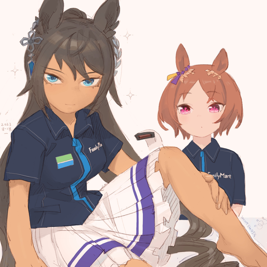 2girls animal_ears barcode_scanner barefoot blue_eyes brown_hair cashier closed_mouth collared_shirt dated ear_ornament employee_uniform familymart flower_in_eye hair_ornament hand_on_own_leg highres horse_ears inada_roku light_smile long_hair looking_at_another looking_at_viewer miniskirt multiple_girls parted_lips pink_eyes sakura_laurel_(umamusume) shirt short_hair short_sleeves sitting sketch skirt sparkle symbol_in_eye symboli_kris_s_(umamusume) tan umamusume very_long_hair wing_collar zipper zipper_pull_tab