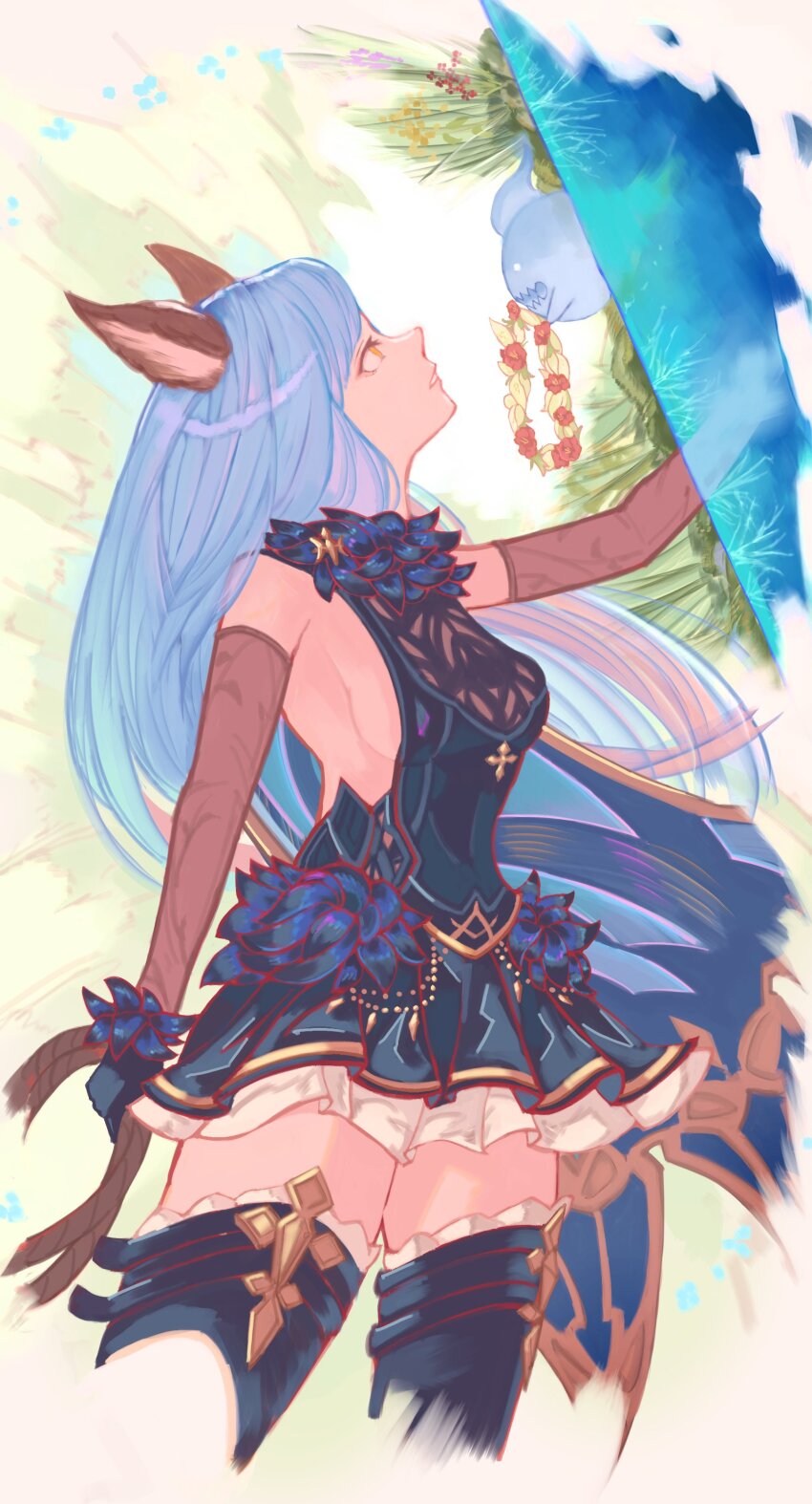 1girl absurdres animal_ears backless_dress backless_outfit blue_hair breasts dress erune ferry_(granblue_fantasy) ferry_(grand)_(granblue_fantasy) frilled_gloves frills gloves granblue_fantasy highres holding holding_whip looking_up omu_(omuraisubi) sideboob sideless_outfit solo thighhighs wavy_hair whip