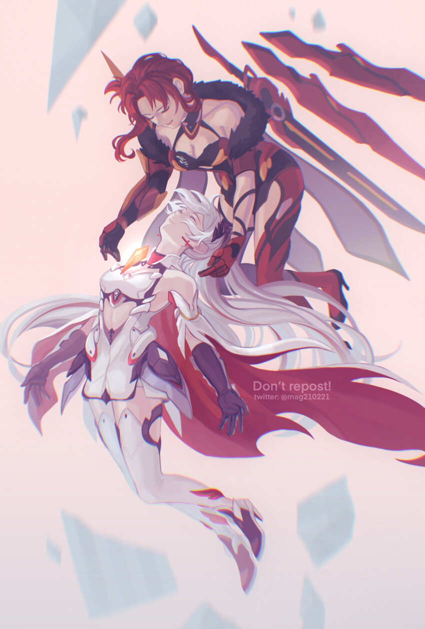 2girls armored_leotard breasts cleavage earrings full_body gauntlets glass_shards gloves high_heels highres honkai_(series) honkai_impact_3rd jewelry kiana_kaslana kiana_kaslana_(herrscher_of_flamescion) leotard long_hair marina_mag medium_breasts mole mole_on_breast multiple_girls murata_himeko murata_himeko_(vermillion_knight) pink_background red_gloves red_hair red_leotard thighhighs very_long_hair white_hair white_thighhighs