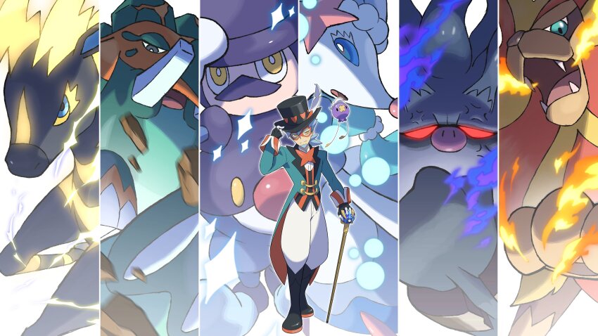 1boy absurdres annihilape baggy_pants black_boots black_hat blue_hair boots brown_eyes cane copperajah drifloon fire gen_4_pokemon gen_5_pokemon gen_6_pokemon gen_7_pokemon gen_8_pokemon hat highres holding holding_cane miconomicon mr._rime nintendo pants pokemon pokemon_(creature) primarina pyroar pyroar_(male) top_hat white_pants zebstrika