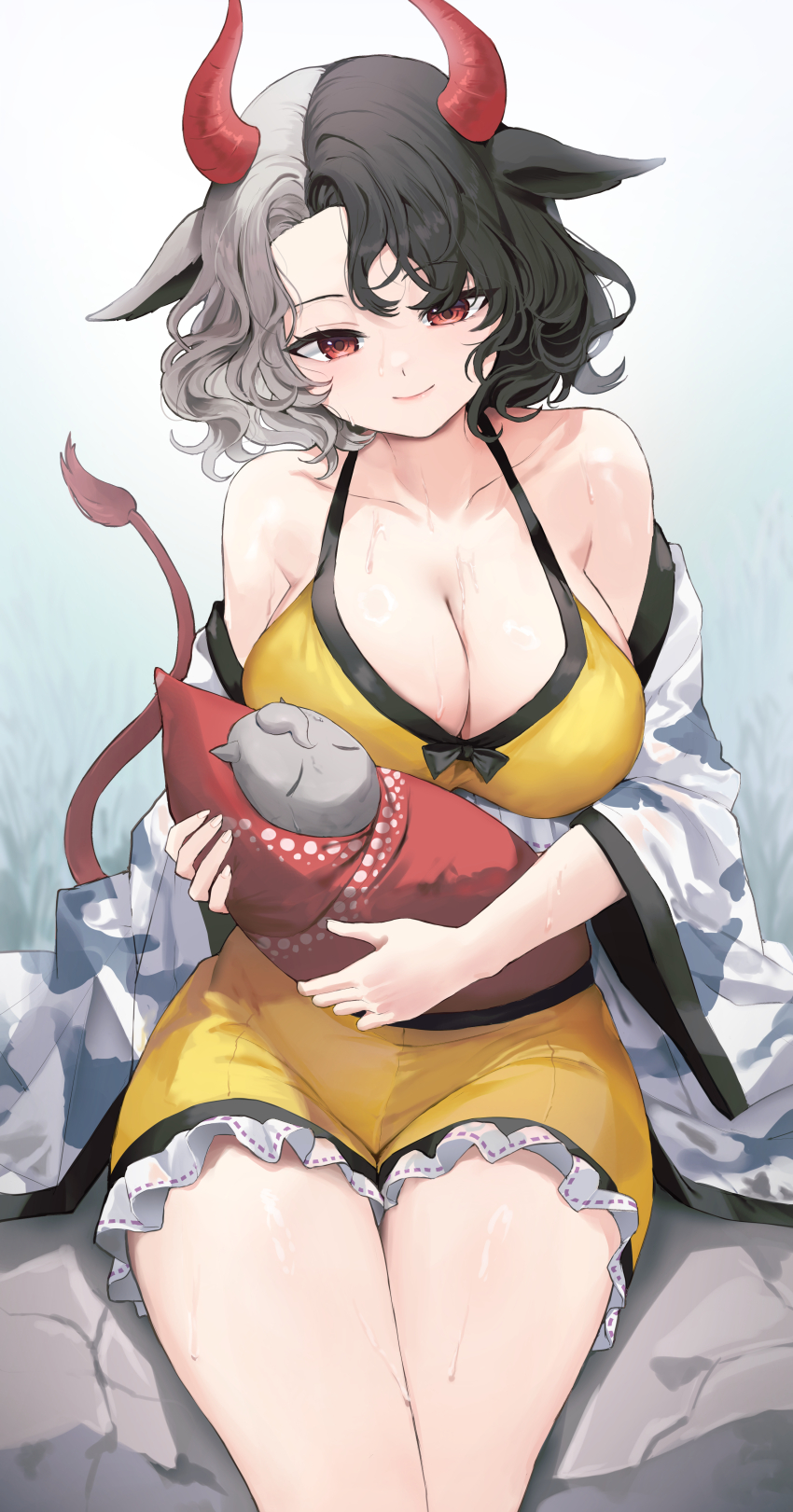 1girl absurdres animal_ears bare_shoulders black_hair breasts cleavage closed_mouth commentary cow_ears cow_girl cow_horns cow_tail cowboy_shot gradient_background grey_background grey_hair highres horns large_breasts light_blush medium_hair multicolored_hair red_eyes red_horns sarukana short_hair shorts simple_background sitting smile solo tail touhou two-tone_hair ushizaki_urumi wavy_hair wet yellow_shorts