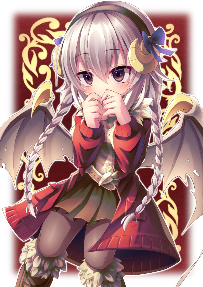 1girl blue_ribbon boots braid breasts coat demon_wings emil_chronicle_online hair_ribbon hairband highres horns long_hair lucifero_lore pantyhose red_coat red_eyes ribbon skirt small_breasts white_hair white_wings wings yupi828