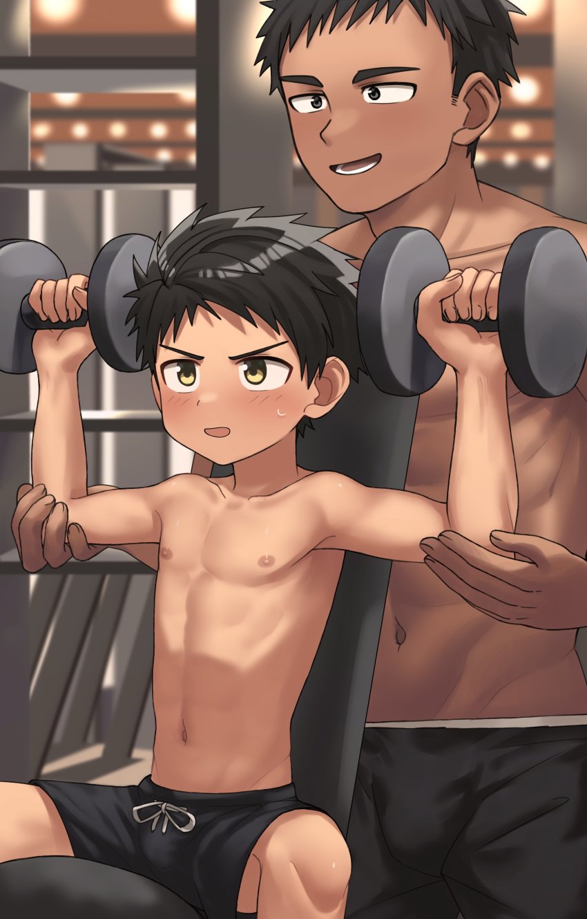 2boys abs absurdres armpits arms_up black_hair blush bulge child concentrating elementary_school_age exercising focused grey_eyes gym gym_shorts highres ko_moreb komorebi_(artist) male_focus male_underwear male_underwear_peek multiple_boys navel nipples no_shirt older_man_and_younger_boy open_mouth original pectorals short_hair shorts sitting size_difference smile spread_legs standing sweatdrop tan toned topless_male underwear underwear_peek weightlifting yellow_eyes you_gonna_get_raped