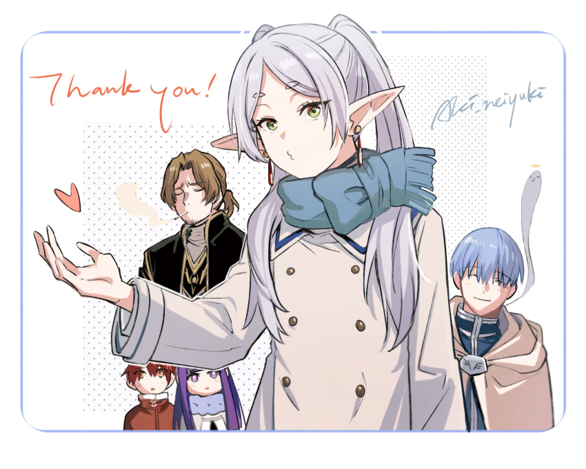 2girls 3boys aki_(neyuki41028) blue_hair blue_scarf blue_shirt brown_cloak brown_coat brown_hair cigarette cloak closed_eyes coat earrings elf fern_(sousou_no_frieren) frieren frieren_blowing_a_kiss giving_up_the_ghost green_eyes grey_hair halo heart highres himmel_(sousou_no_frieren) jewelry long_hair long_sleeves looking_at_viewer multiple_boys multiple_girls o3o pointy_ears ponytail purple_eyes purple_hair red_eyes red_hair scarf sein_(sousou_no_frieren) shirt signature simple_background smile smoking sousou_no_frieren stark_(sousou_no_frieren) thank_you