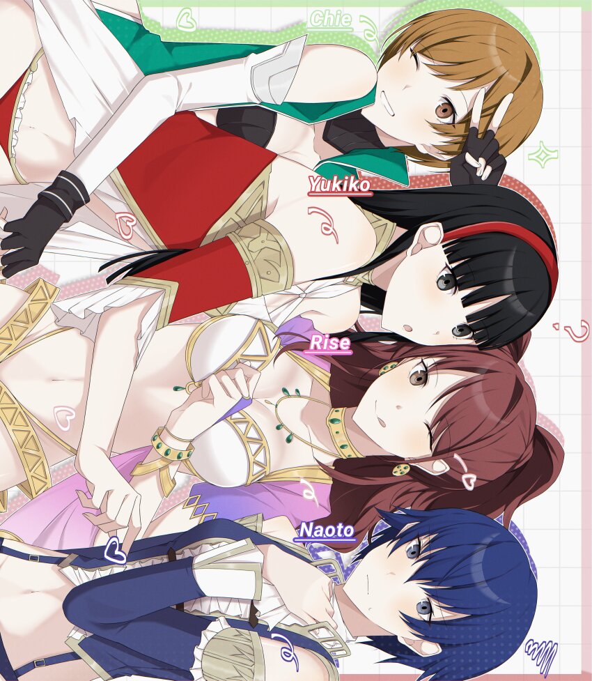 4girls absurdres amagi_yukiko black_hair blue_hair breasts brown_hair character_name cleavage fingerless_gloves gloves grid_background hairband high-cut_armor_(persona) highres hug kujikawa_rise licking_lips long_hair looking_at_viewer multiple_girls official_alternate_costume pakipaki821 persona persona_4 persona_4_the_golden red_hairband satonaka_chie shirogane_naoto short_hair tongue tongue_out twintails v