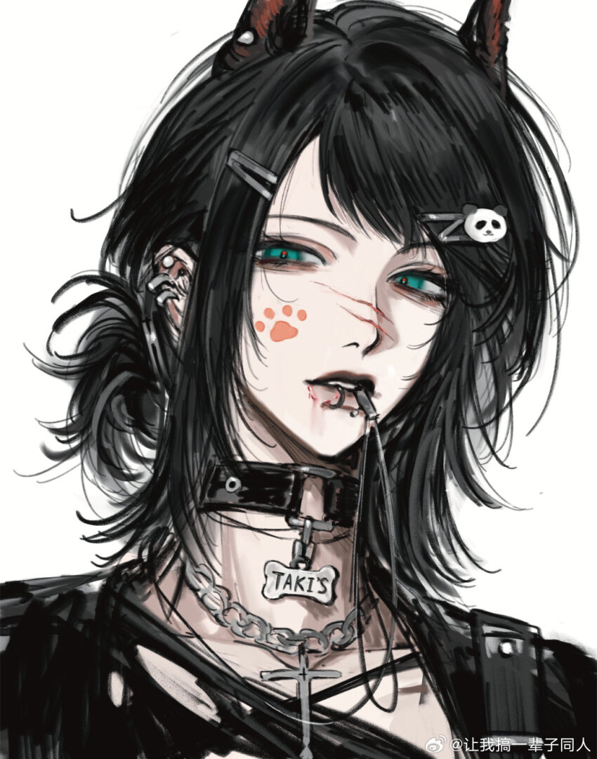 1girl animal_ears bang_dream! bang_dream!_it&#039;s_mygo!!!!! bite_mark_on_lip black_choker blue_eyes chinese_commentary choker commentary_request cross cross_necklace ear_piercing face_piercing hair_ornament hairclip highres implied_yuri jewelry kemonomimi_mode lip_piercing looking_at_viewer necklace o-ring o-ring_choker panda_hair_ornament paw_print piercing scratches simple_background siy_(shengxiu760722) solo upper_body watermark weibo_watermark white_background wolf_ears yahata_umiri