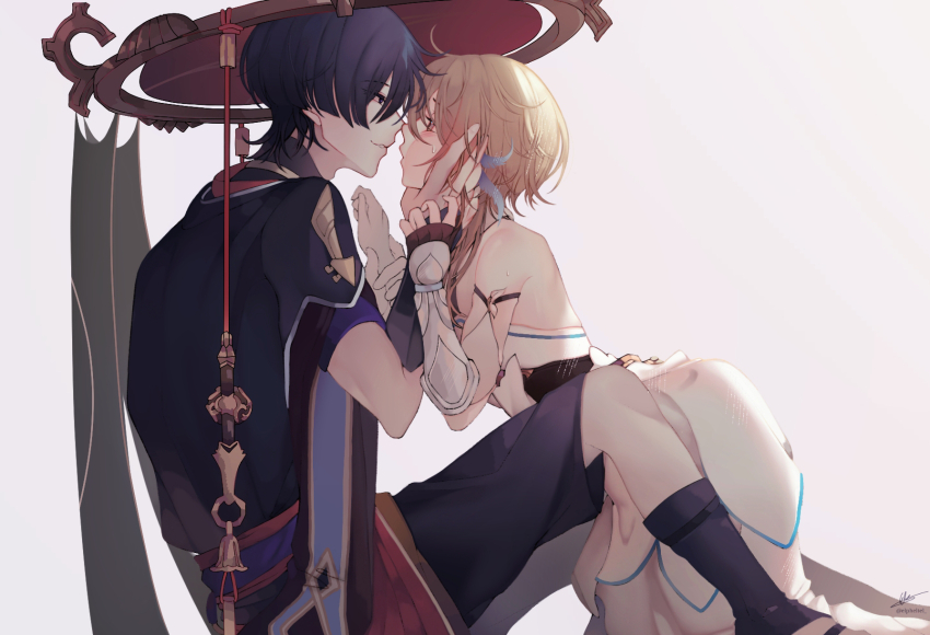 1boy 1girl ahoge arm_cutout armor black_eyes black_gloves black_hair black_kimono black_sleeves blonde_hair blue_feathers blue_trim blunt_ends cheek_press clothing_cutout detached_sleeves dress elpheltel eye_contact face-to-face feather_hair_ornament feathers genshin_impact gloves gold gold_trim grabbing_another&#039;s_face grey_veil hair_ornament halterneck hand_on_another&#039;s_face hand_on_another&#039;s_hand hands_up hat head_grab hetero highres holding_another&#039;s_wrist japanese_armor japanese_clothes jewelry jingasa juban kimono kneeling kote kurokote layered_sleeves leaning_on_person looking_at_another lumine_(genshin_impact) neck_ring open_mouth parted_lips partially_fingerless_gloves purple_eyes purple_sash purple_sleeves red_hat red_kimono red_sash sash scaramouche_(genshin_impact) short_hair short_hair_with_long_locks short_sleeves sidelighting sidelocks single_sode sitting sweat sweatdrop tsurime vambraces veil white_background white_dress white_kimono white_mouth white_sleeves yellow_eyes