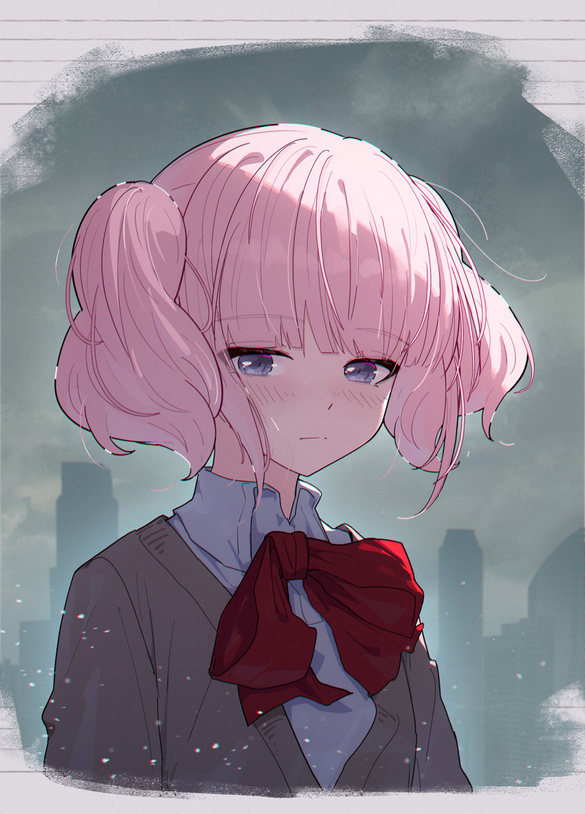 1girl blush bow bowtie brown_cardigan cardigan closed_mouth collared_shirt girls_band_cry green_eyes highres hina_(girls_band_cry) light_particles pink_hair red_bow red_bowtie shirt short_hair short_twintails solo twintails upper_body white_shirt yun_cao_bing
