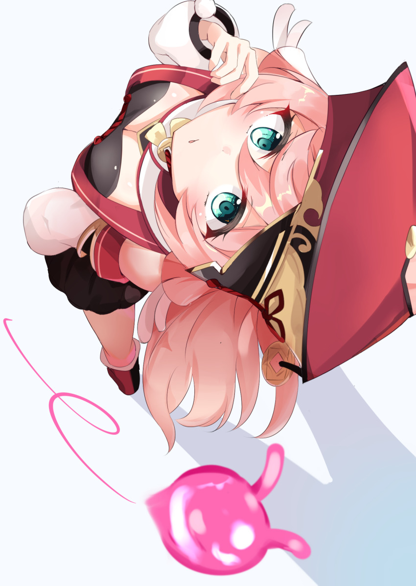 1girl :o antlers black_bloomers black_bra bloomers bra breasts cleavage coin_hat_ornament day_mello detached_sleeves from_above full_body genshin_impact green_eyes hair_between_eyes hand_up hat_ornament highres horns leaning_back long_hair looking_at_viewer pink_hair red_footwear red_headwear seelie_(genshin_impact) small_breasts standing underwear white_background white_sleeves yanfei_(genshin_impact)