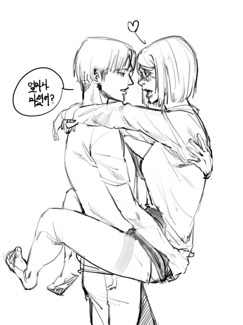 black_hair blush caress carrying carrying_person formal_clothes greyscale hairy highres hug levi_(shingeki_no_kyojin) military monochrome pants petra_ral red_hair shingeki_no_kyojin shirt smile suit tracy_s2 underwear