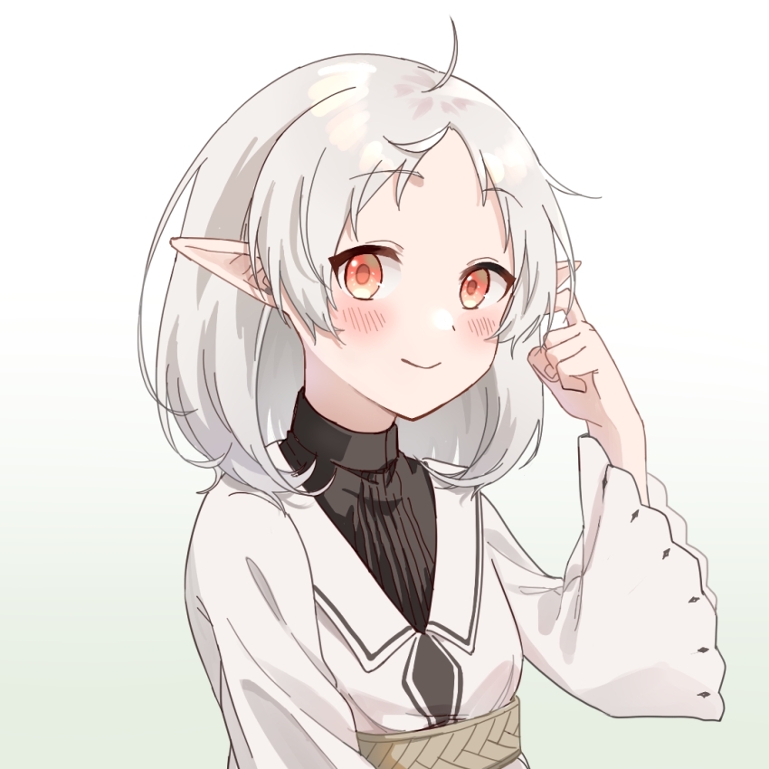 1girl ahoge blush closed_mouth dress elf hand_up medium_hair mushoku_tensei pointy_ears red_eyes scratching_head short_hair smile solo sylphiette_(mushoku_tensei) upper_body white_dress yx_(artist)