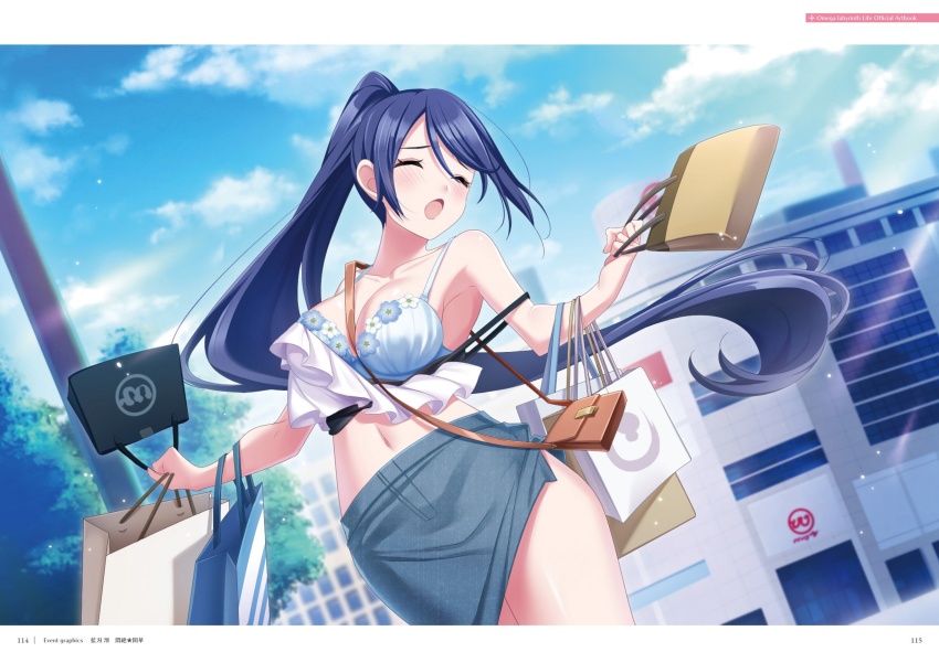 1girl aiba_mio armpits bag blue_bra blue_hair blush bra breasts building cleavage cloud cowboy_shot day closed_eyes female_focus floating_hair handbag high_ponytail highres holding legs legs_together long_hair medium_breasts midriff navel off_shoulder official_art omega_labyrinth omega_labyrinth_life open_mouth original outdoors outstretched_arms page_number ponytail shopping_bag skirt sky solo spread_arms standing thighs u35 underwear very_long_hair wardrobe_malfunction