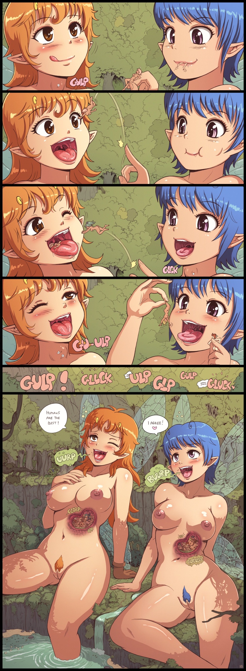 absurdres antennae blue_hair blush brown_eyes cleft_of_venus fairy felarya giant giantess highres karbo long_hair lucilya navel nipples nude orange_hair pubic_hair pussy short_hair subeta vore wings