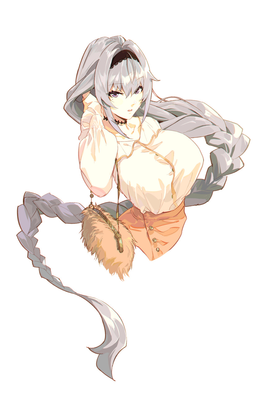 1girl adjusting_hair ahoge alternate_costume bag bianca_(pgr) black_choker black_hairband braid breasts chinese_commentary choker collarbone commentary_request cropped_torso frilled_hairband frills fur_bag grey_hair hair_between_eyes hair_intakes hairband hand_up handbag highres large_breasts long_braid long_hair looking_at_viewer mole mole_under_eye orange_bag orange_skirt punishing:_gray_raven purple_eyes shirt shou_xian_wu simple_background skirt solo upper_body very_long_hair white_background white_shirt