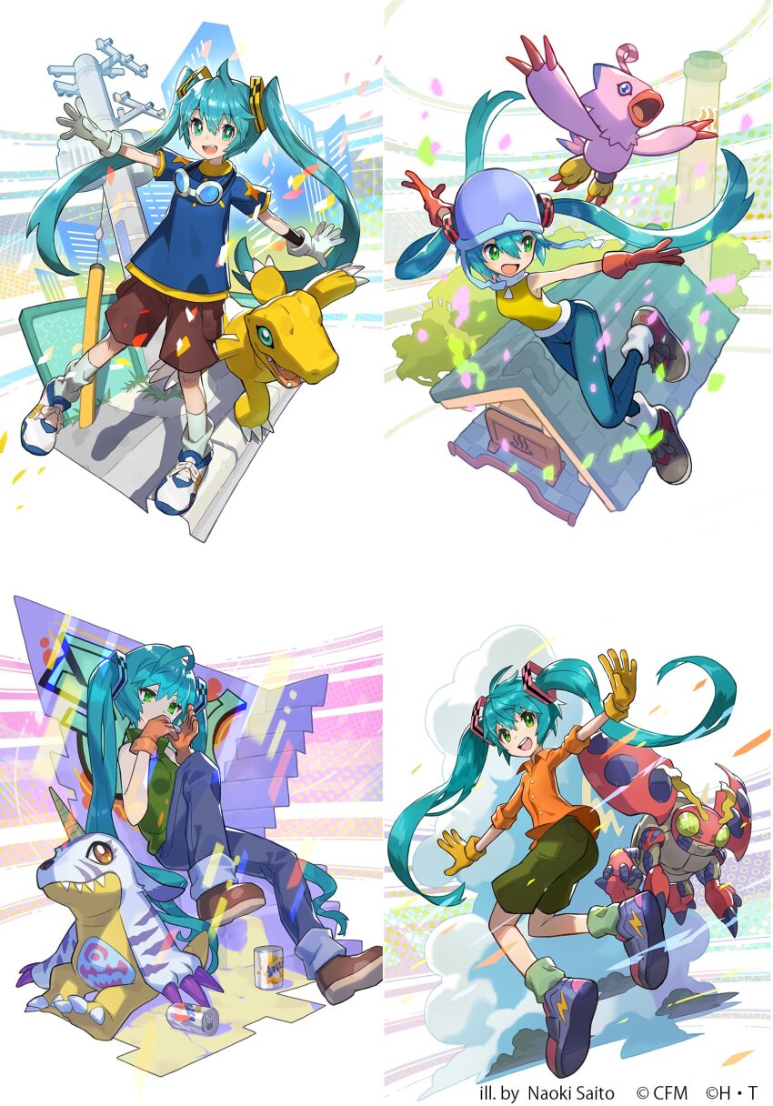 1girl agumon bare_shoulders brown_gloves brown_shorts can chimney collared_shirt cosplay denim digimon digimon_(creature) digimon_adventure fanta flying gabumon gloves goggles goggles_around_neck graffiti green_hair green_shirt green_shorts hair_ornament hatsune_miku helmet highres horns ishida_yamato ishida_yamato_(cosplay) izumi_koshiro izumi_koshiro_(cosplay) jeans lightning_bolt_symbol long_hair looking_at_another looking_at_viewer multiple_views onsen_symbol open_mouth orange_shirt pants pavement piyomon power_lines red_gloves rooftop saitou_naoki shirt shoes shorts single_horn sitting sleeveless sneakers socks stairs star_(symbol) sweater takenouchi_sora takenouchi_sora_(cosplay) tentomon turtleneck turtleneck_sweater twintails vocaloid white_gloves yagami_taichi yagami_taichi_(cosplay) yellow_gloves yellow_shirt