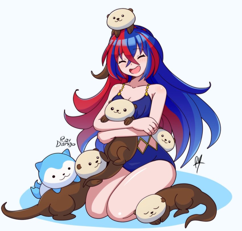 1girl :d alear_(female)_(fire_emblem) armpit_crease artist_name blue_hair blue_one-piece_swimsuit breasts cleavage closed_eyes collarbone commentary crossed_bangs english_commentary fire_emblem fire_emblem_engage hair_between_eyes highres long_hair multicolored_hair nintendo one-piece_swimsuit open_mouth otter raydango red_hair sea_otter signature simple_background sitting smile sommie_(fire_emblem) split-color_hair swimsuit twitter_username two-tone_hair white_background