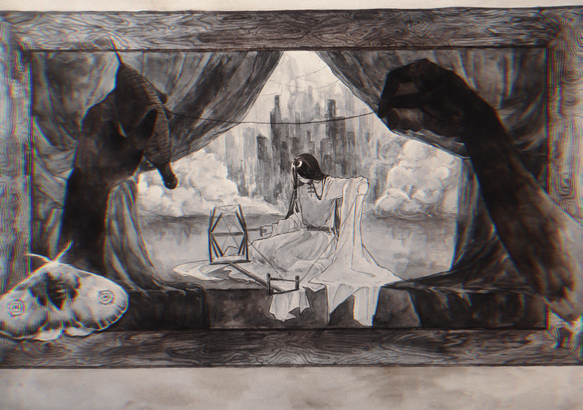 1boy absurdres baisusususu black_hair bug chinese_commentary city commentary_request curtains fog framed highres insect long_hair lord_of_the_mysteries monochrome moth painting_(medium) reflection reflective_liquid robe silhouette sitting solo string the_celestial_worthy_of_heaven_and_earth traditional_media white_robe
