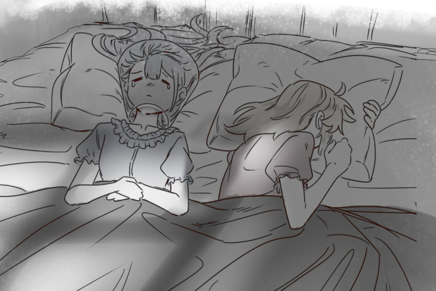 2girls anisphia_wynn_palettia blonde_hair closed_eyes closed_mouth commentary_request euphyllia_magenta grey_hair grey_shirt koyomania long_hair medium_hair multiple_girls night on_bed pajamas pet_cone pillow pink_shirt shirt short_sleeves sleeping tears tensei_oujo_to_tensai_reijou_no_mahou_kakumei under_covers