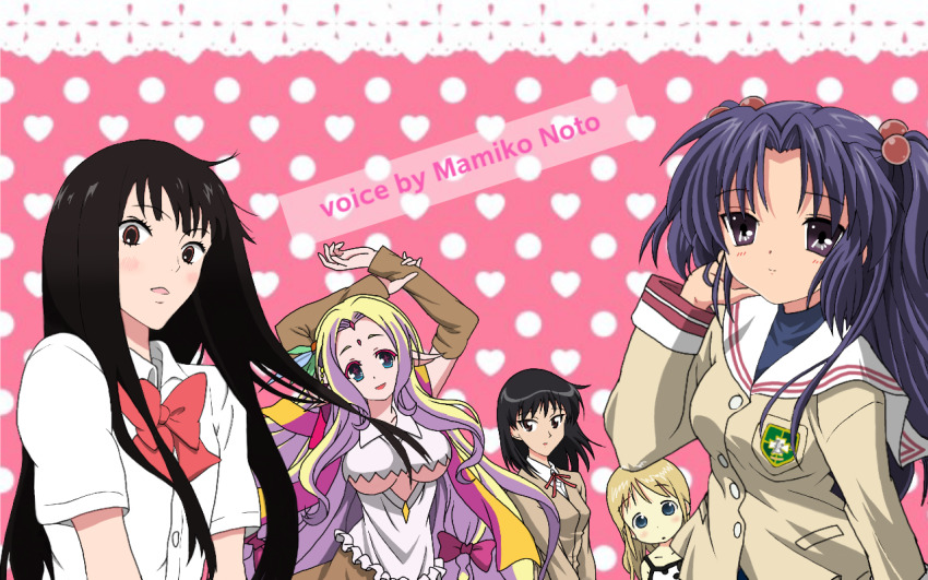 5girls ana_coppola arm_up arms_at_sides arms_up black_hair blazer blonde_hair blouse blue_eyes blush bow breasts brown_eyes brown_jacket buttons clannad closed_mouth clothing_cutout collarbone crossover detached_sleeves dress_shirt elf eyelashes feel_nilvalen forehead forehead_jewel frilled_shirt frills hair_bobbles hair_bow hair_ornament hand_in_own_hair hand_on_own_wrist heart heart_background hikarizaka_private_high_school_uniform ichigo_mashimaro ichinose_kotomi jacket kimi_ni_todoke kuronuma_sawako large_breasts long_hair long_sleeves looking_at_viewer medium_breasts medium_hair multiple_girls nekonopapa no_game_no_life noto_mamiko open_mouth parted_lips pink_background pink_bow pointy_ears polka_dot polka_dot_background purple_eyes purple_hair red_ribbon ribbon school_rumble school_uniform serafuku shirt short_sleeves sidelocks small_breasts smile straight_hair symbol-shaped_pupils tsukamoto_yakumo twintails two-tone_background underboob underboob_cutout v_arms voice_actor_connection white_background white_shirt
