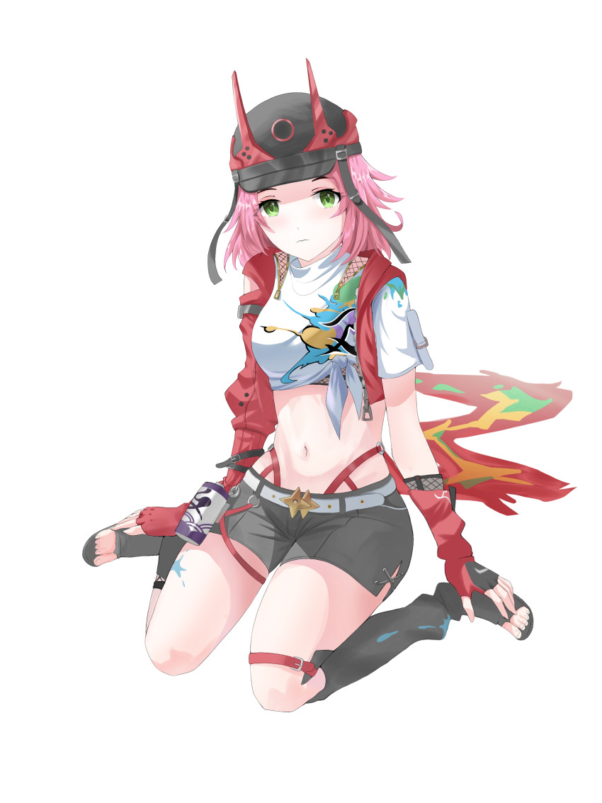 1girl absurdres arm_support asymmetrical_clothes asymmetrical_legwear belt black_hat blush boots buckle closed_mouth crop_top fiverr_commission from_side full_body gimmarak gloves graffiti green_eyes hands_on_feet hat helmet highres honkai:_star_rail honkai_(series) horns jacket leg_tattoo legband looking_at_viewer midriff navel non-web_source pink_hair rappa_(honkai:_star_rail) red_horns red_jacket shirt short_hair short_shorts short_sleeves shorts sidelocks sitting solo tattoo thigh_strap thighs toes transparent_background wariza white_shirt white_shorts
