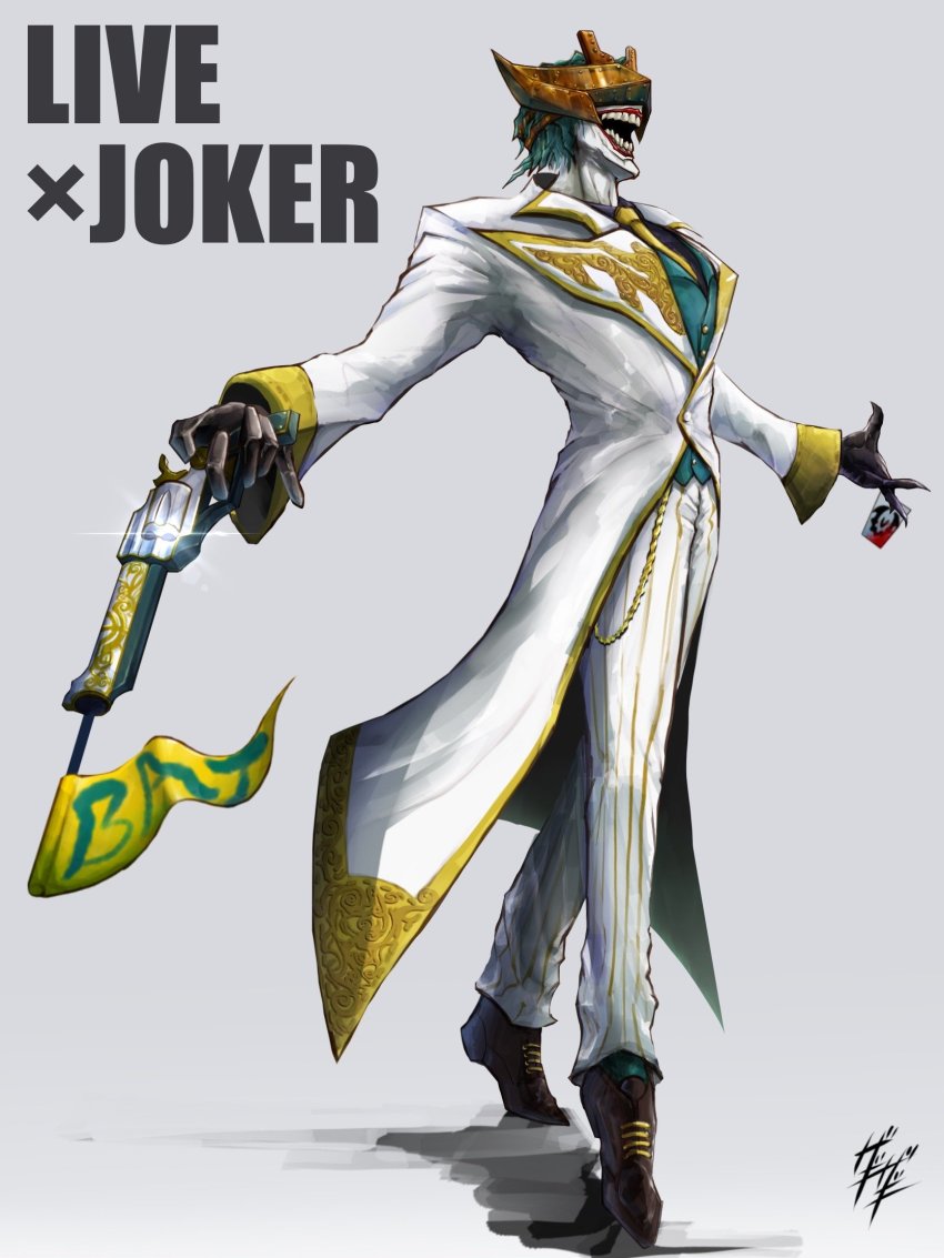 1boy batman_(series) card clown colored_skin commentary_request dc_comics english_text formal_clothes full_body fusion green_hair gun handgun highres holding holding_gun holding_weapon kamen_rider kamen_rider_live kamen_rider_revice livegun mask necktie playing_card revolver short_hair signature smile solo suit teeth the_joker weapon white_skin white_suit zagizagi