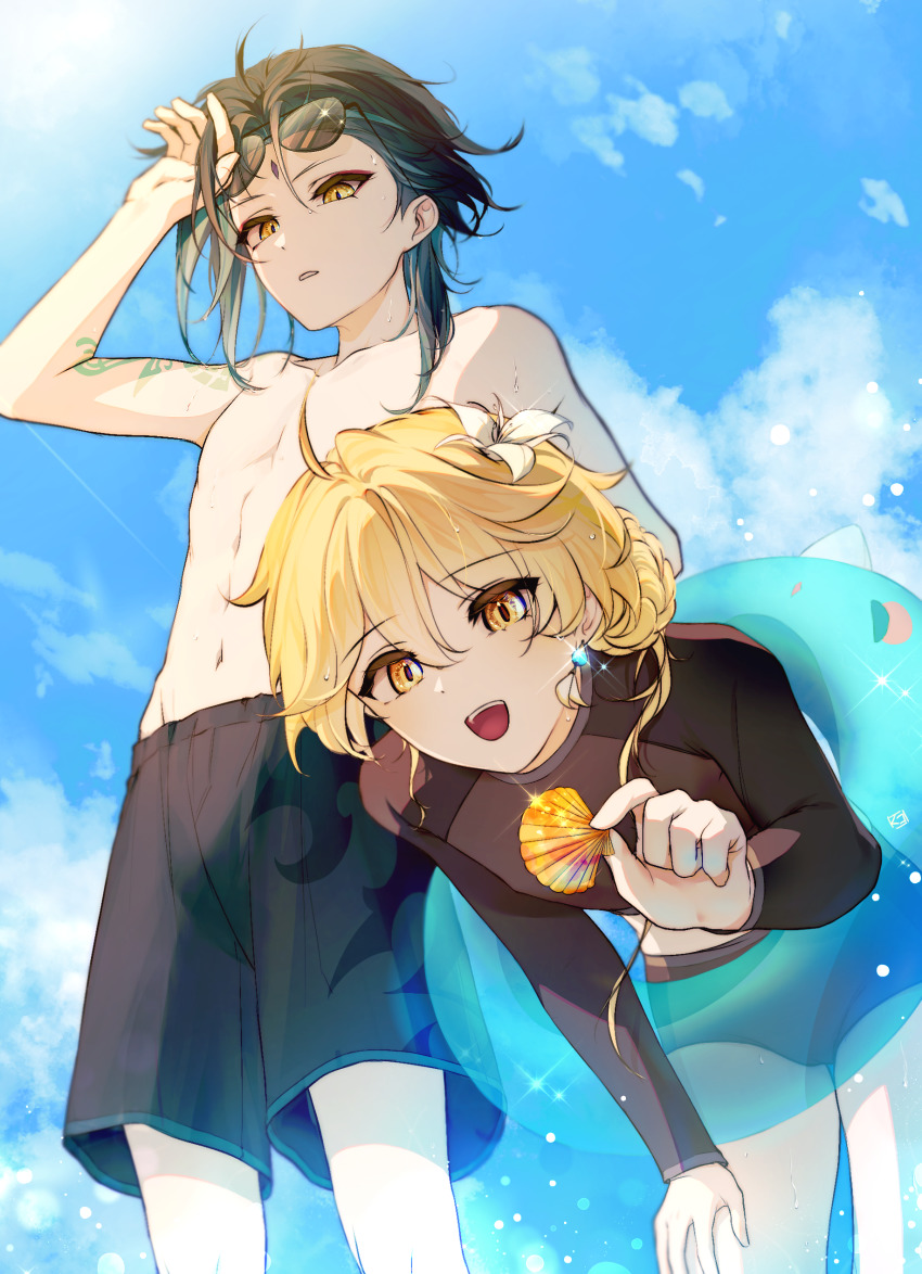 2boys :d absurdres aether_(genshin_impact) alternate_hairstyle arm_tattoo arm_up bare_shoulders bent_over bishounen black_male_swimwear black_shirt black_shorts black_swim_briefs black_swim_trunks blonde_hair blue_sky braid braided_bun clam_shell cloud collarbone commentary_request day earrings eyelashes eyeshadow facial_mark flower forehead_mark genshin_impact glint green_hair hair_between_eyes hair_bun hair_flower hair_ornament hand_up highres holding holding_shell innertube jewelry kuko_(geeeee_ss) long_sleeves looking_at_viewer looking_down makeup male_focus male_swimwear multiple_boys navel open_mouth outdoors parted_bangs parted_lips rash_guard red_eyeshadow seashell shell shirt short_hair_with_long_locks shorts single_earring sky smile standing stomach sunglasses swim_briefs swim_ring swim_trunks swimsuit tattoo teeth unworn_eyewear upper_teeth_only wet wet_hair white_flower xiao_(genshin_impact) yellow_eyes