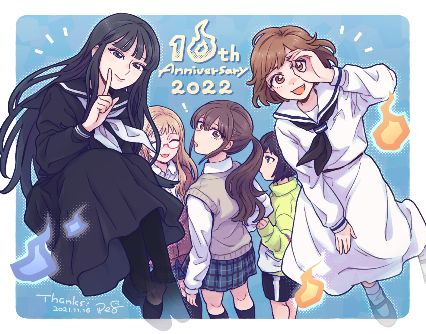 5girls anniversary ano_fuji black_dress black_hair black_neckerchief black_pantyhose black_sailor_collar black_serafuku blonde_hair blue_background blue_skirt brown_eyes brown_hair closed_eyes commentary_request dated dress enoki_sachi ghost glasses green_eyes highres index_finger_raised jacket komano_hina long_hair looking_at_another looking_at_viewer looking_back medium_hair multiple_girls nagatani_megumi neckerchief okujou_no_yurirei-san open_mouth outside_border pantyhose pe88y_(yu_tsugirls) plaid_clothes plaid_skirt ponytail purple_eyes red_sweater sailor_collar school_uniform serafuku shirt shoes short_hair shorts skirt smile socks sportswear square_background sweater sweater_vest toomi_yuna transparent see-through_footwear uwabaki white_dress white_neckerchief white_sailor_collar white_serafuku white_shirt white_socks yellow_jacket yuri