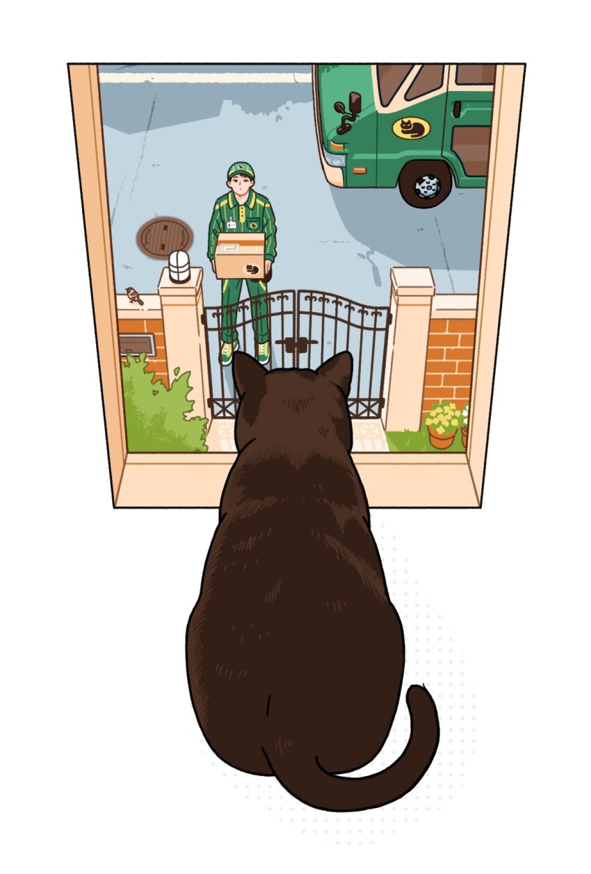 1boy animal bird black_cat box cardboard_box cat delivery from_inside gate grass green_hat green_pants hat highres holding holding_box looking_at_animal manhole_cover mizukawa_masaya motor_vehicle original outdoors package pants plant potted_plant road standing street truck window