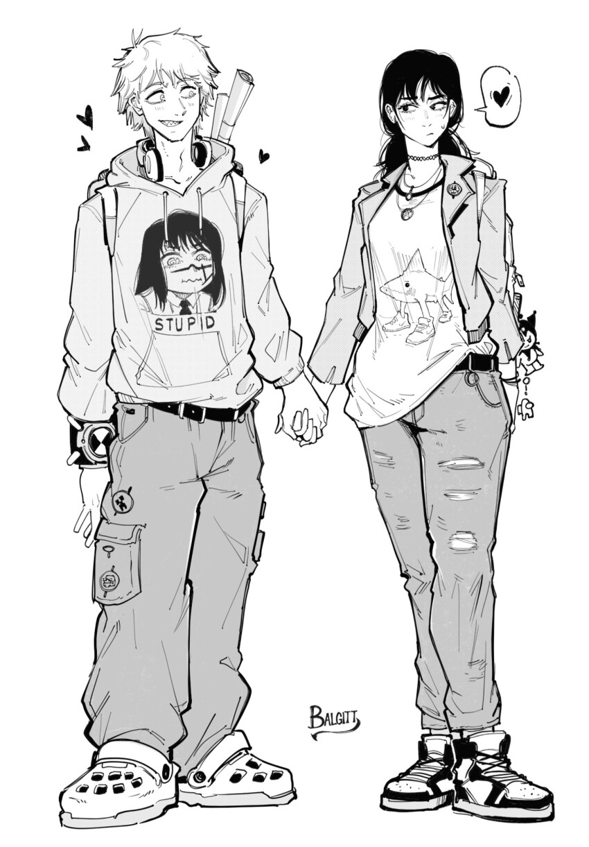 1boy 1girl alternate_costume black_hair chainsaw_man couple denim denji_(chainsaw_man) greyscale hetero highres holding_hands hood hoodie jacket jeans long_hair low_twintails mitaka_asa monochrome open_clothes open_jacket open_mouth pants shirt shoes simple_background sneakers torn_clothes torn_jeans torn_pants twintails victorbalgitt