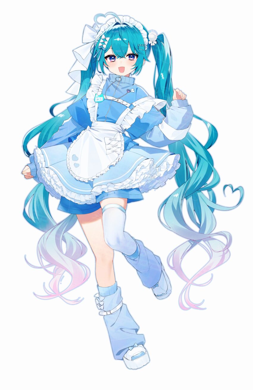1girl absurdres ahoge alternate_costume apron aqua_hair blue_jacket blue_leg_warmers blue_shorts blue_skirt bow commentary frilled_skirt frills full_body gradient_hair hair_between_eyes hair_bow hatsune_miku heart heart_ahoge high_collar highres jacket jersey_maid leg_warmers long_hair long_sleeves looking_at_viewer maid maid_apron maid_headdress multicolored_hair open_mouth shoes shorts simple_background single_thighhigh skirt sleeves_past_wrists smile solo standing standing_on_one_leg tenshi_kaiwai thighhighs twintails tyazakura_sayu unconventional_maid very_long_hair vocaloid white_background white_bow white_shoes