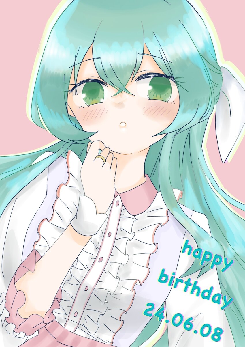1girl arm_at_side assault_lily blue_shirt blush bow center_frills collared_shirt commentary crossed_bangs dated frilled_shirt frilled_sleeves frills fumi_(fumifumi3axl) green_eyes green_hair hair_between_eyes hair_bow half_updo hand_up happy_birthday highres jewelry long_hair long_sleeves looking_at_viewer multicolored_shirt no_pupils official_alternate_costume parted_lips pink_background pink_shirt ring shirt simple_background solo toki_kureha upper_body white_bow white_shirt wrist_cuffs