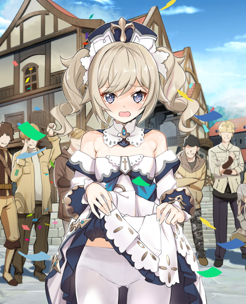 1girl 6+boys barbara_(genshin_impact) bow bowtie building clothes_lift cowboy_shot crowd day detached_collar detached_sleeves dress drill_hair exhibitionism faceless faceless_male frilled_dress frilled_skirt frills genshin_impact hair_ornament hat highres idol jacket lifting_own_clothes long_sleeves looking_at_viewer multiple_boys nyoro_(nyoronyoro000) open_mouth outdoors pants pantyhose priestess public_indecency skirt skirt_lift smile standing town twin_drills twintails watching white_dress white_pantyhose