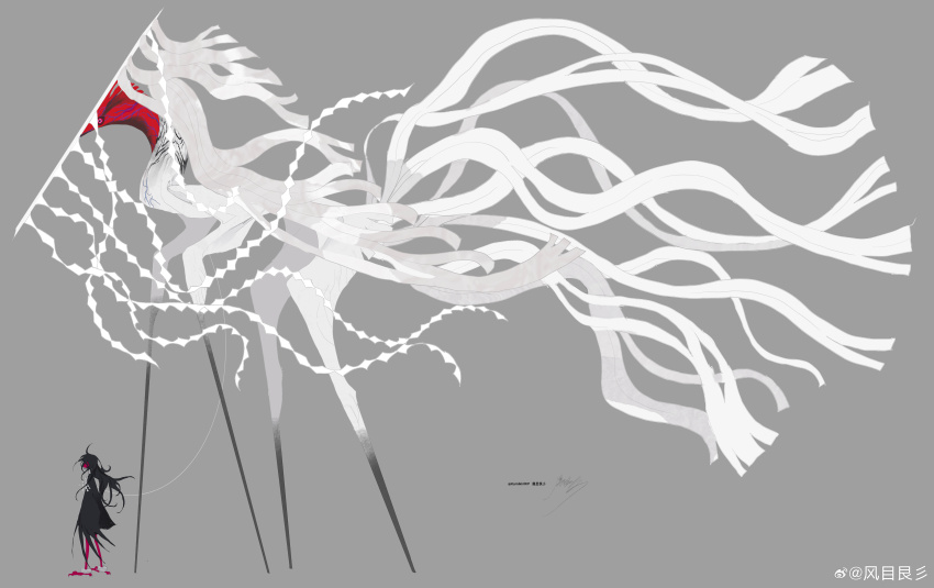 1other absurdres bird_legs black_hair from_side full_body grey_background highres kamikiririp long_hair monster multicolored_eyes original other_focus simple_background size_difference standing watermark weibo_watermark white_string white_tail