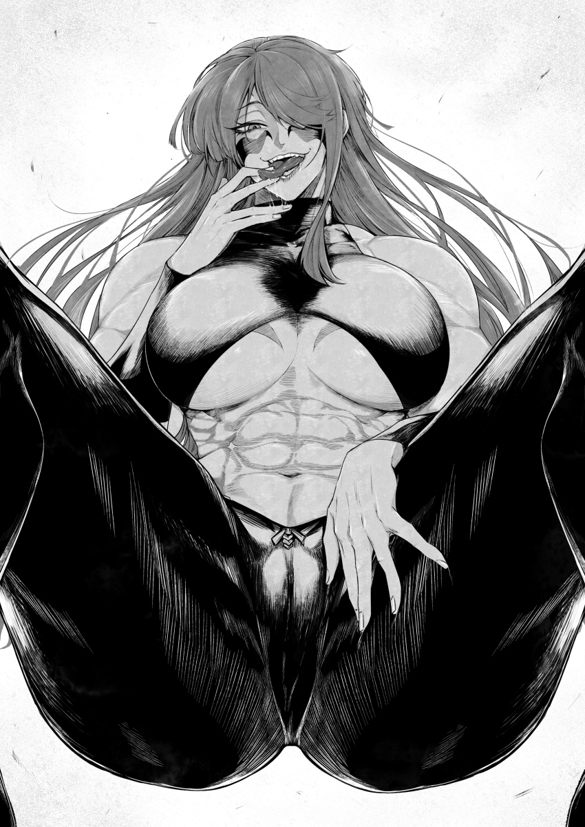 1girl 2022 abs absurdres arm_tattoo arm_up ass backlighting bare_arms bare_shoulders biceps black_pants body_markings breast_tattoo breasts cameltoe commentary facepaint feet_out_of_frame female_focus from_below fuuma_kotarou_(tenkaichi) hair_between_eyes halterneck hand_on_own_thigh highres large_breasts legs_apart lips long_hair looking_at_viewer looking_down midriff monochrome muscular muscular_female navel pants revealing_clothes rope_belt saliva skin_tight sleeveless smile smug solo squatting tattoo teeth tenkaichi_nihon_saikyou_bugeisha_ketteisen thick_thighs thighs toned tongue tongue_grab tongue_out underboob user_reyu3237 vambraces very_long_hair