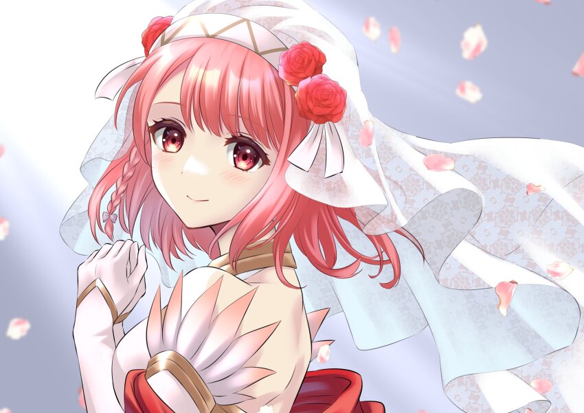 1girl absurdres back blush braid bridal_veil bride detached_sleeves dress fire_emblem fire_emblem_engage fire_emblem_heroes flower from_side gold_trim hairband halterneck highres kakiko210 lapis_(mighty_bride)_(fire_emblem) looking_at_viewer nintendo official_alternate_costume own_hands_together pink_eyes pink_hair red_flower red_rose rose single_braid smile solo two-tone_hairband veil wedding_dress white_dress white_hairband yellow_hairband
