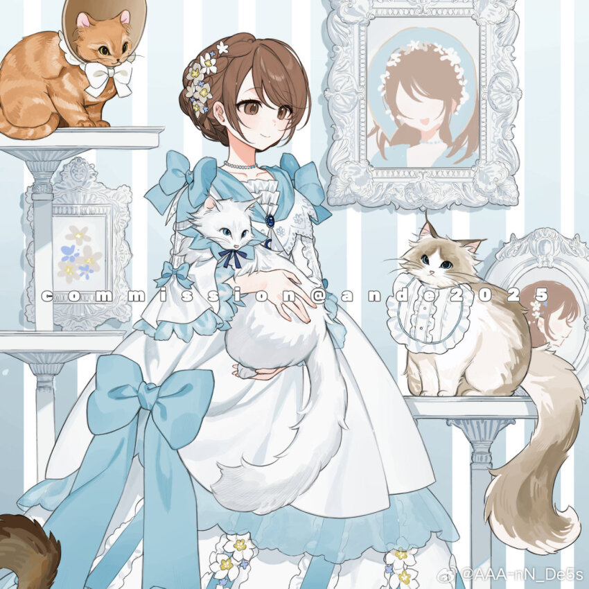 aaa-nn_de5s animal brown_eyes brown_hair cat classic_lolita dress flower frilled_dress frilled_sleeves frills full_body hair_flower hair_ornament hairband holding holding_animal holding_cat light_smile lolita_fashion long_dress original picture_frame ribbon smile updo