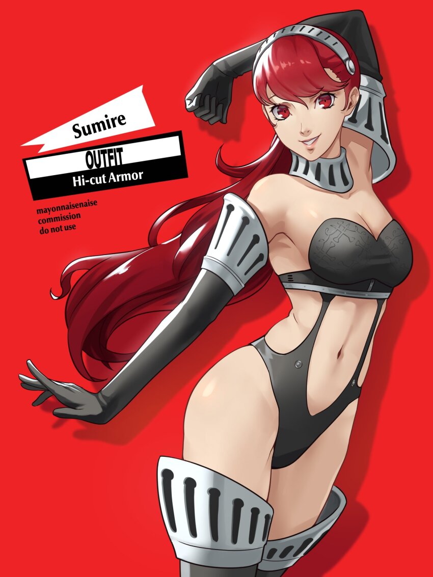 1girl armor armored_leotard bikini_armor black_gloves black_leotard breasts cropped_legs elbow_gloves gloves hairband high-cut_armor_(persona) highres leotard long_hair mayonnaisenais3 medium_breasts metal_hairband persona persona_5 persona_5_the_royal ponytail red_background red_eyes red_hair simple_background smile solo yoshizawa_kasumi