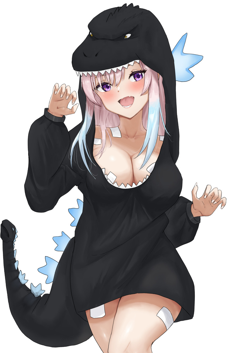 1girl absurdres airani_iofifteen azure_adler blue_hair blush breasts claw_pose cleavage cosplay godzilla godzilla_(cosplay) godzilla_(series) godzilla_(shin) highres hololive hololive_indonesia kaiju large_breasts long_hair looking_at_viewer multicolored_hair open_mouth pink_hair purple_eyes smile solo streaked_hair toho virtual_youtuber white_background