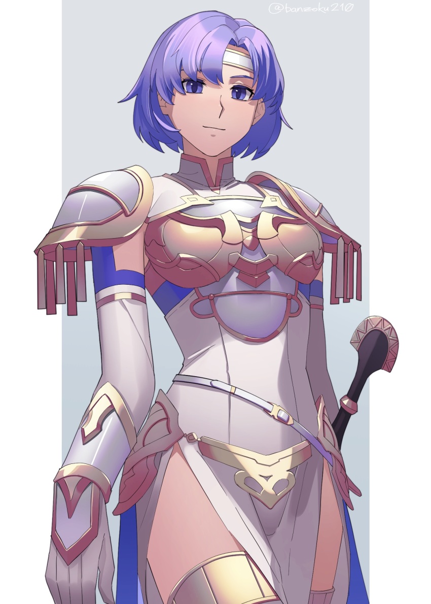 1girl armor asagi_(banzoku210) blue_eyes blue_hair breastplate catria_(fire_emblem) closed_mouth elbow_gloves fire_emblem fire_emblem:_mystery_of_the_emblem fire_emblem:_new_mystery_of_the_emblem fire_emblem:_shadow_dragon fire_emblem:_shadow_dragon_and_the_blade_of_light fire_emblem_echoes:_shadows_of_valentia fire_emblem_heroes gloves headband highres looking_at_viewer nintendo official_alternate_costume smile solo sword thighs weapon white_headband