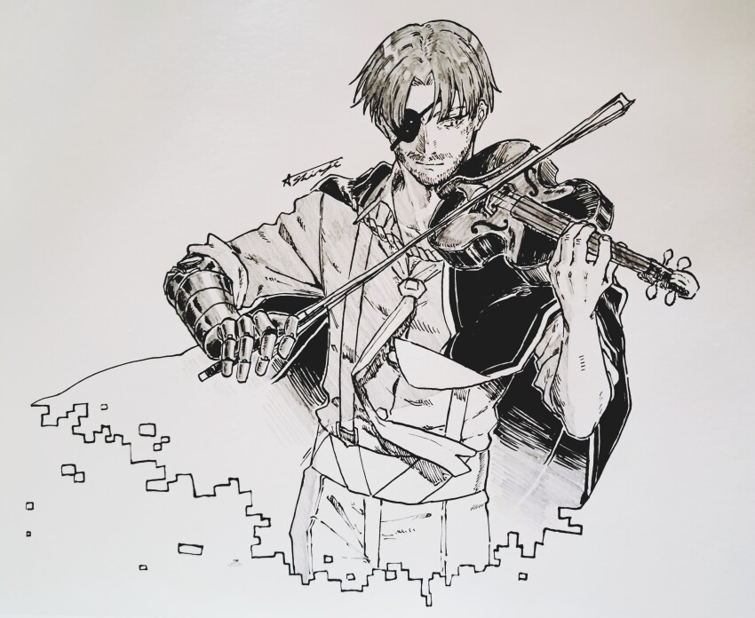 1boy absurdres amane_shinji artist_name black_cape bow_(music) cape cytus cytus_ii facial_hair greyscale highres holding_instrument holding_violin instrument monochrome music playing_instrument prosthesis prosthetic_arm rayark short_hair solo stubble suspenders traditional_media violin