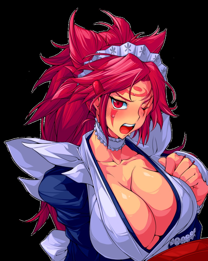1girl baiken blush breasts choker cleavage collarbone cosplay embarrassed facial_mark female_focus frilled_choker frills guilty_gear hair_ornament highres iroha_(samurai_spirits) iroha_(samurai_spirits)_(cosplay) japanese_clothes juliet_sleeves large_breasts long_hair long_sleeves looking_at_viewer maid maid_headdress messy_hair one-eyed open_mouth ponytail puffy_sleeves red_eyes red_hair samurai_spirits scar scar_across_eye scar_on_face sidelocks solo sweat transparent_background upper_body white_background yoshitsuki