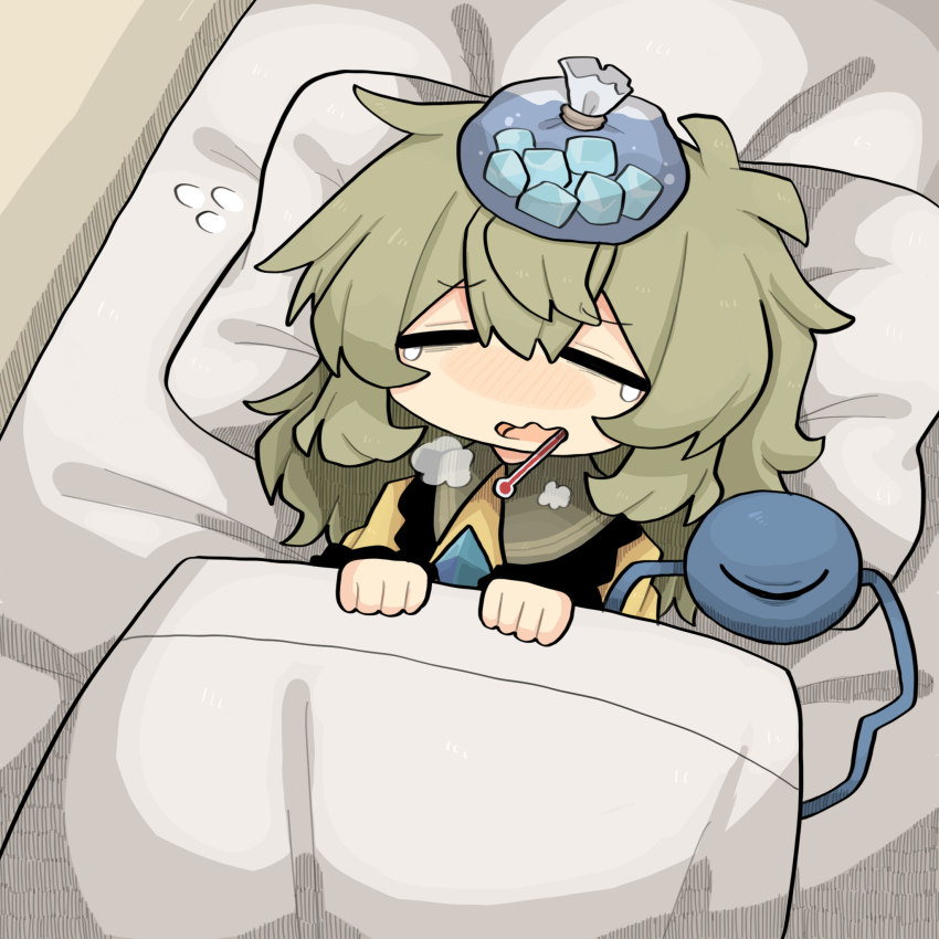 1girl bag bags_under_eyes bed bed_sheet blush breath buttons closed_eyes diamond_(shape) diamond_button flying_sweatdrops green_hair highres ice ice_cube ice_pack komeiji_koishi long_sleeves lying medium_hair mouth_hold no_headwear object_on_head on_back on_bed pillow sheet_grab shirt sick sleeves_past_wrists solo tearing_up tears thermometer third_eye touhou under_covers water yellow_shirt zunusama