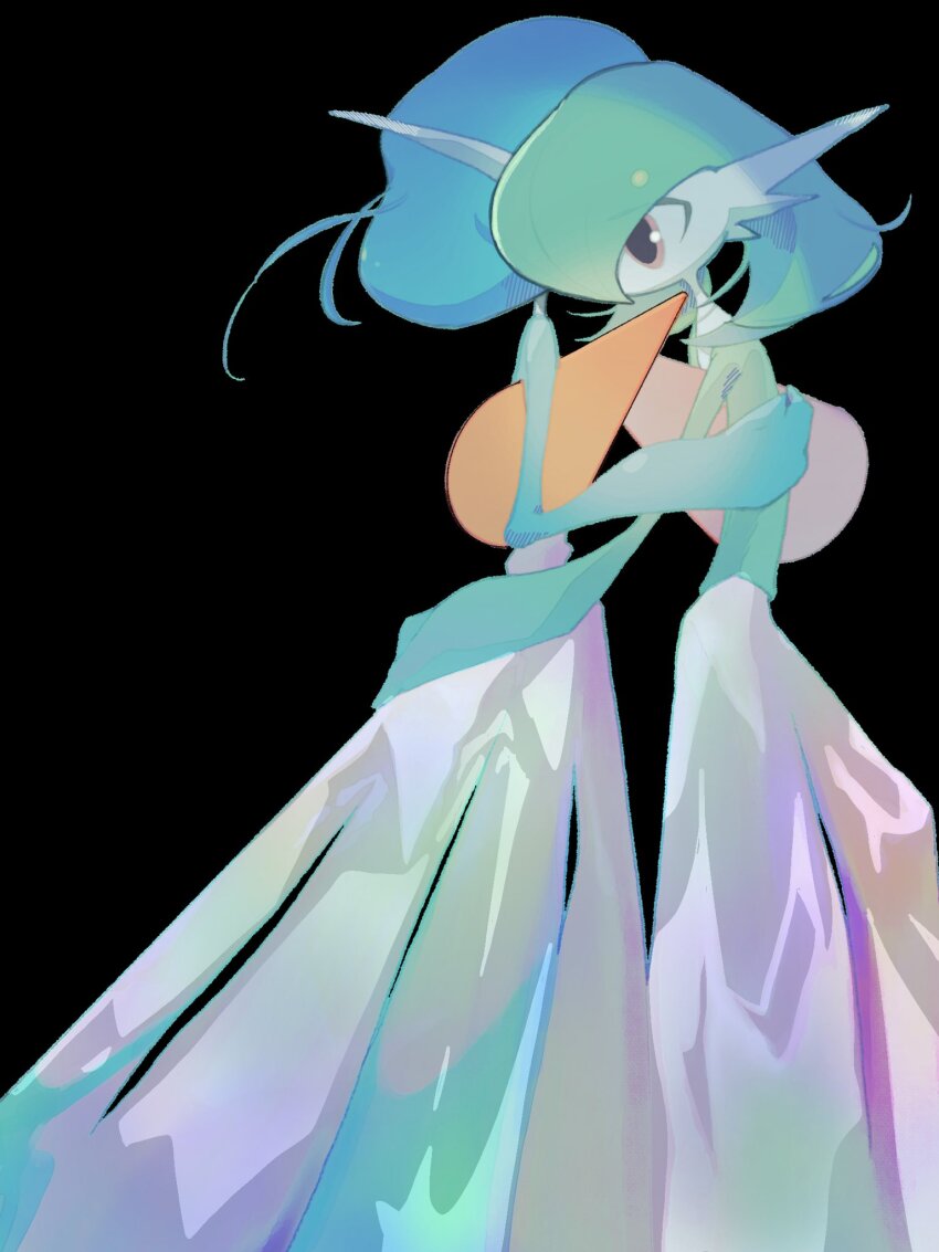 alternate_color black_background blue_hair blue_skin bob_cut colored_skin dress gardevoir gen_3_pokemon green_hair green_skin highres hug multicolored_skin mxlaghrsuk33yws nintendo pink_eyes pokemon pokemon_(creature) shiny_pokemon simple_background two-tone_skin white_dress white_skin